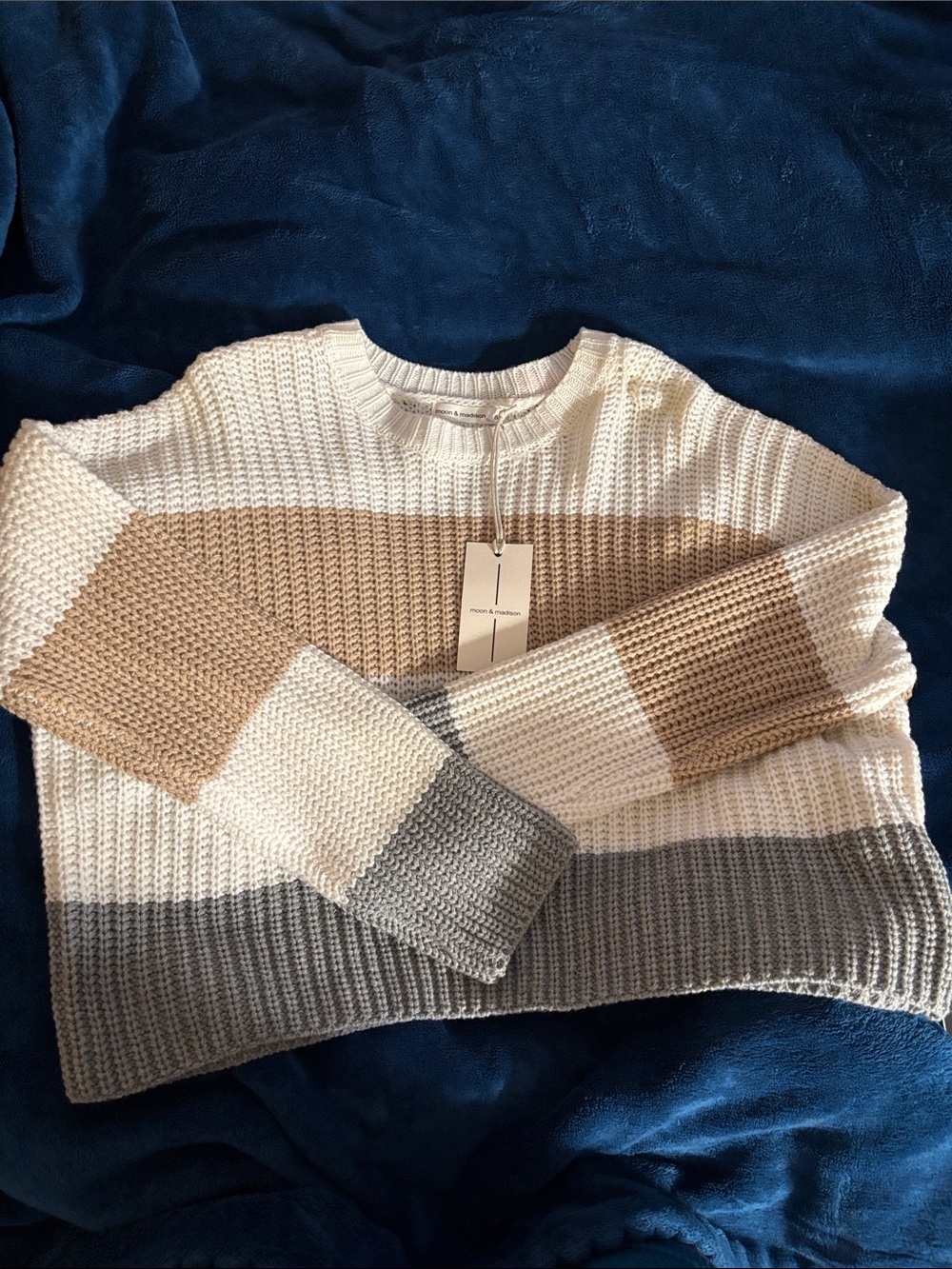 moon & madison Ivory, Tan & Gray Striped Crewneck Sweater